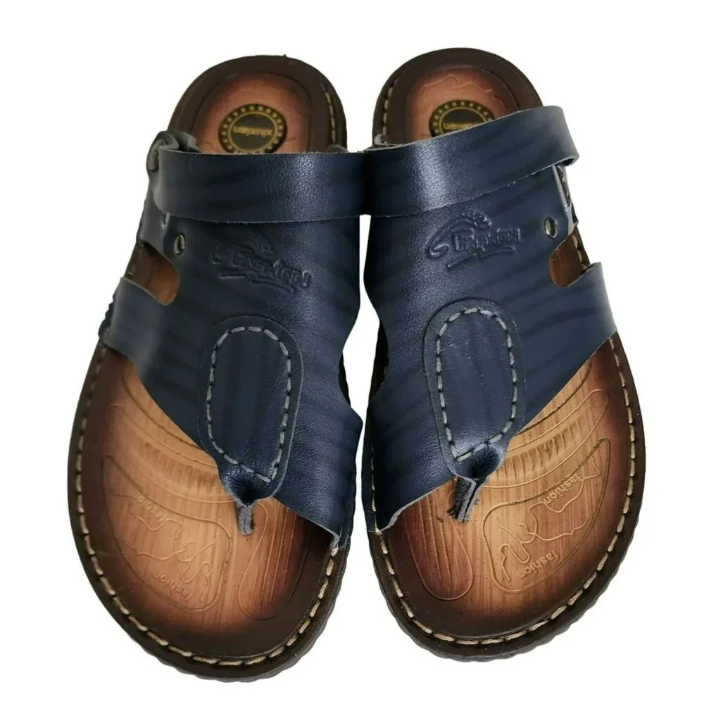 XiuXian Men's Navy Blue/Brown Fashion Leather Flip Flop Slipper Sandal Size 42